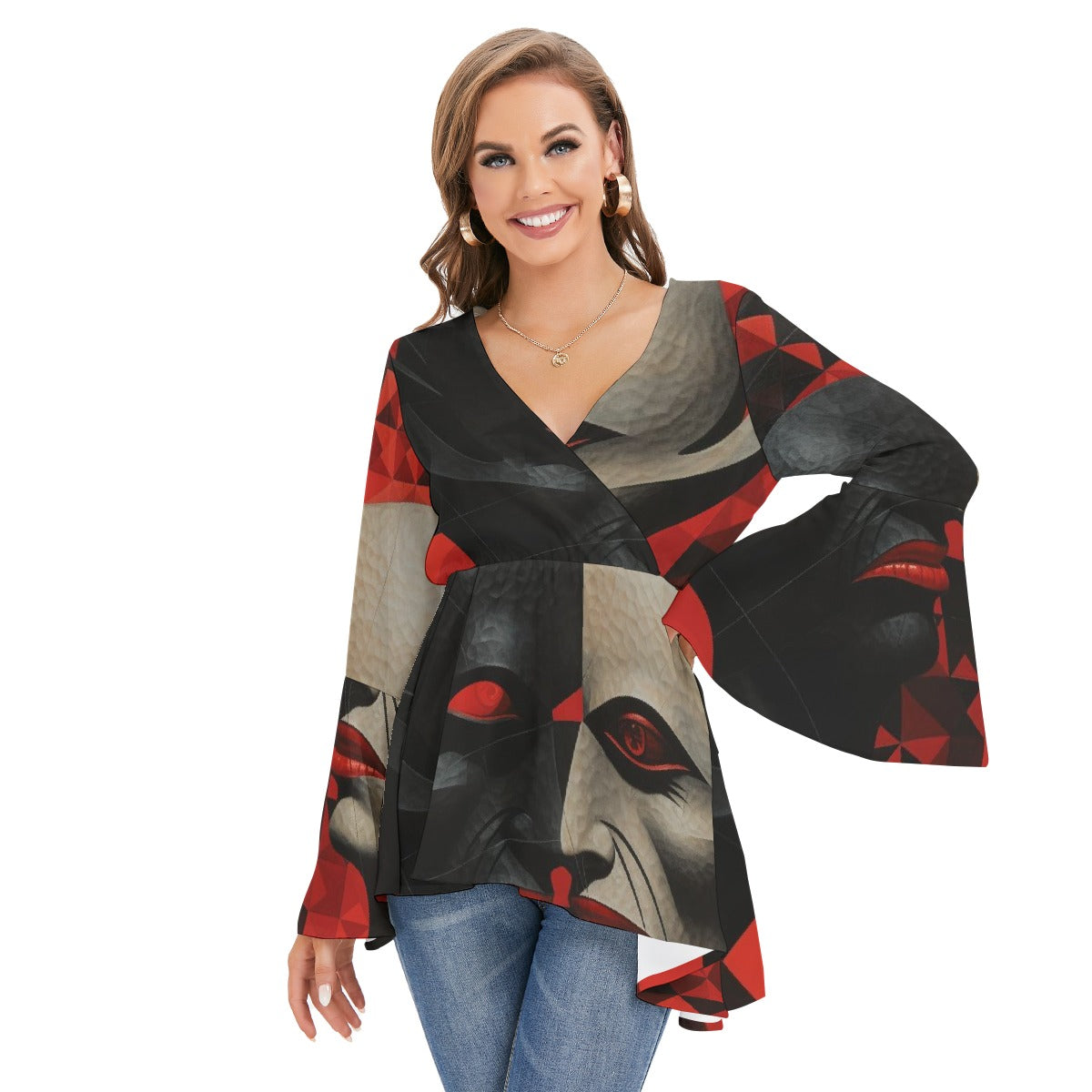All-Over Print Women's V-neck Blouse With Flared Sleeves