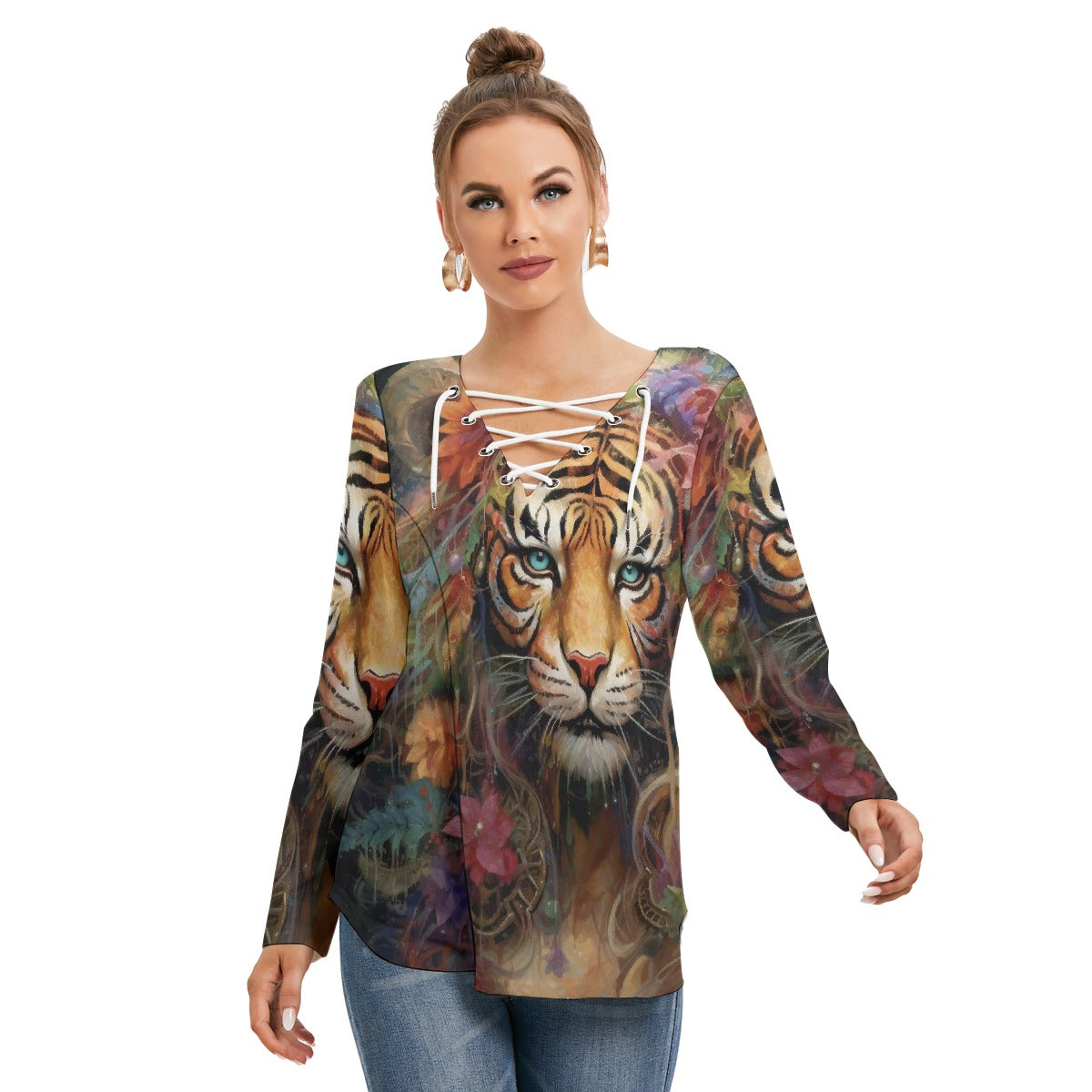 All-Over Print Women's Long Sleeve Neckline Tie Sweatshirt