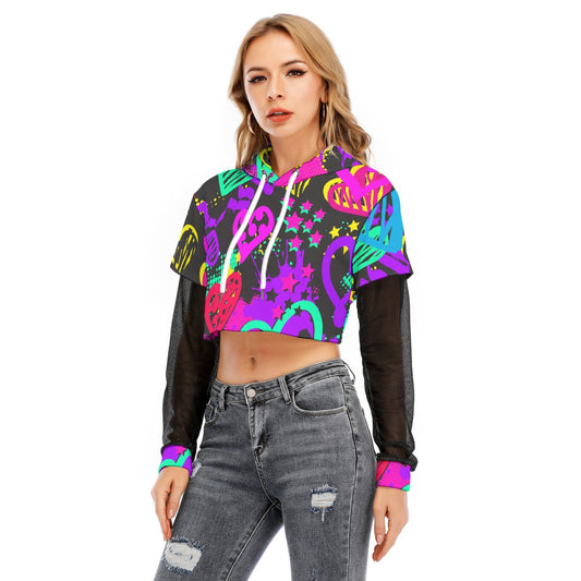 All-Over Print Women's Fake Two-piece Mesh Sleeve Cropped Hoodie