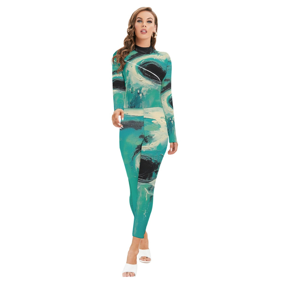 All-Over Print Women's Long-sleeved High-neck Jumpsuit With Zipper