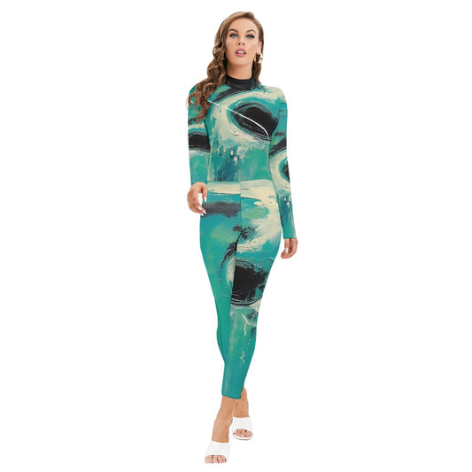 All-Over Print Women's Long-sleeved High-neck Jumpsuit With Zipper