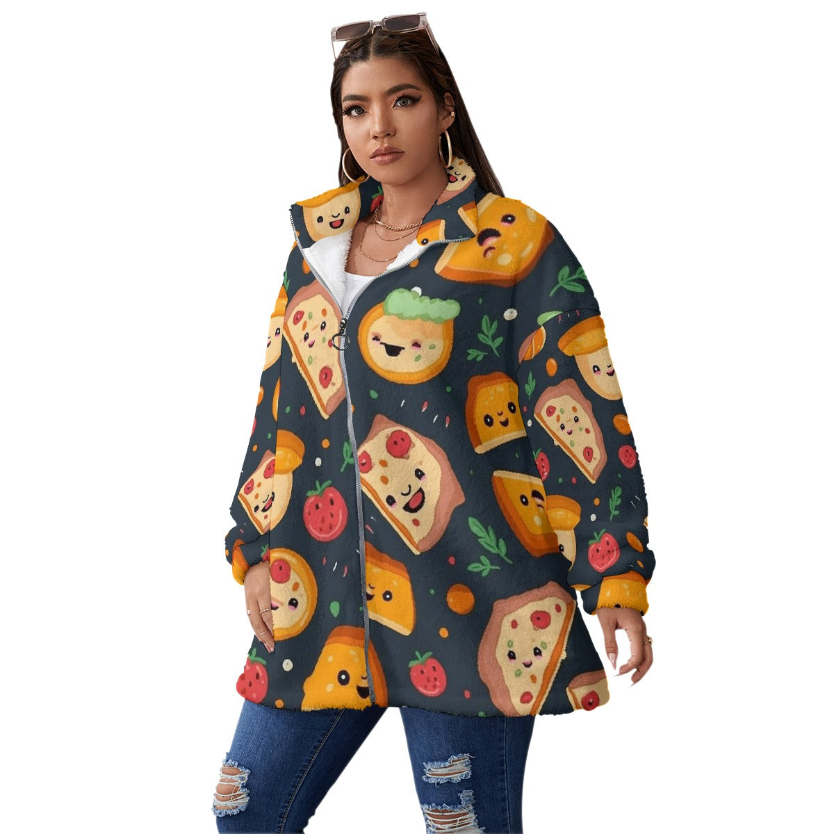 All-Over Print Unisex Borg Fleece Stand-up Collar Coat With Zipper Closure(Plus Size)