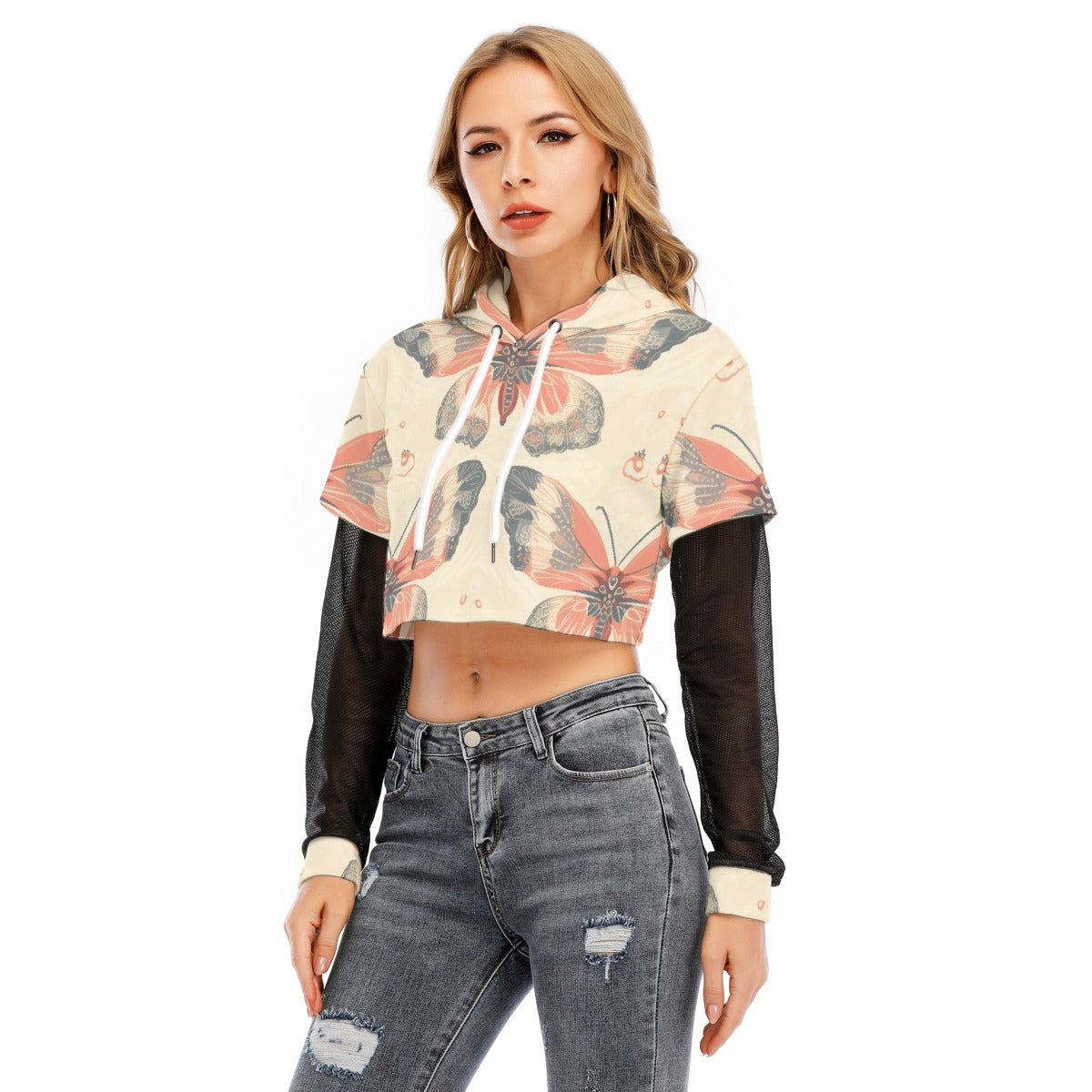 All-Over Print Women's Fake Two-piece Mesh Sleeve Cropped Hoodie