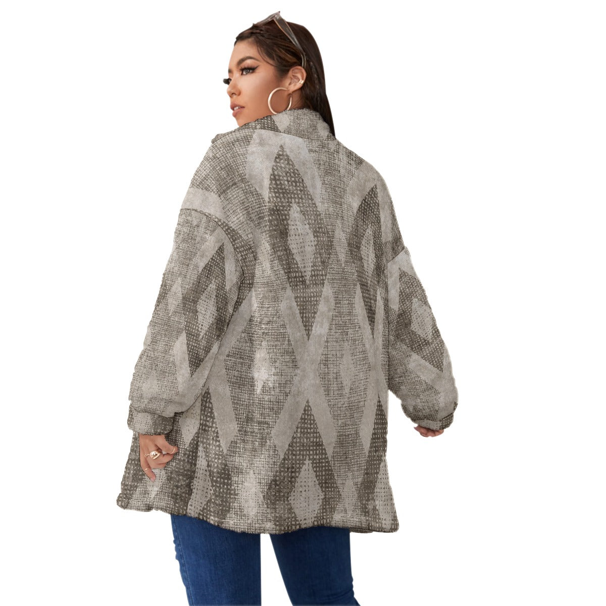 All-Over Print Unisex Borg Fleece Stand-up Collar Coat With Zipper Closure(Plus Size)