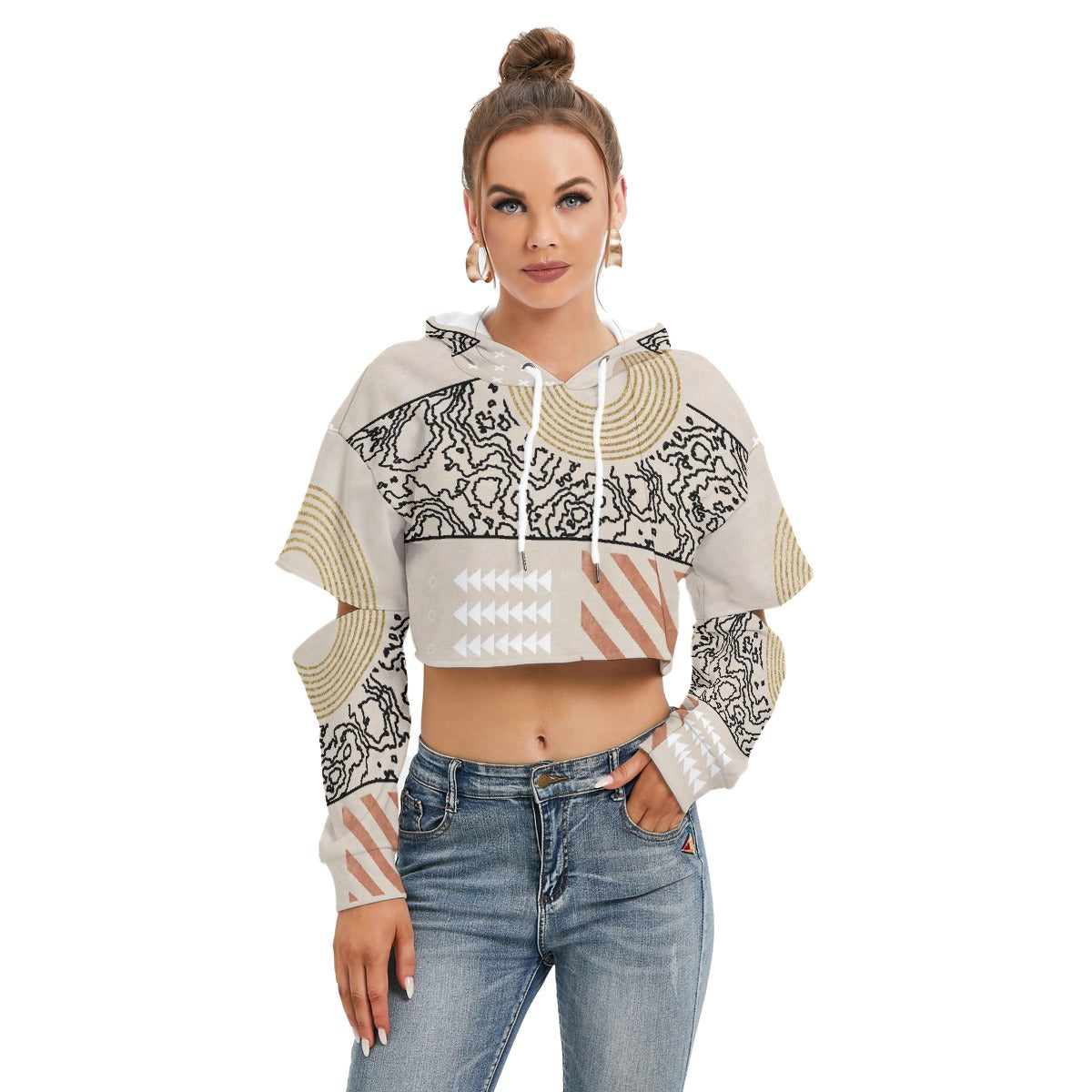 All-Over Print Women's Heavy Fleece Hoodie With Hollow Out Sleeve