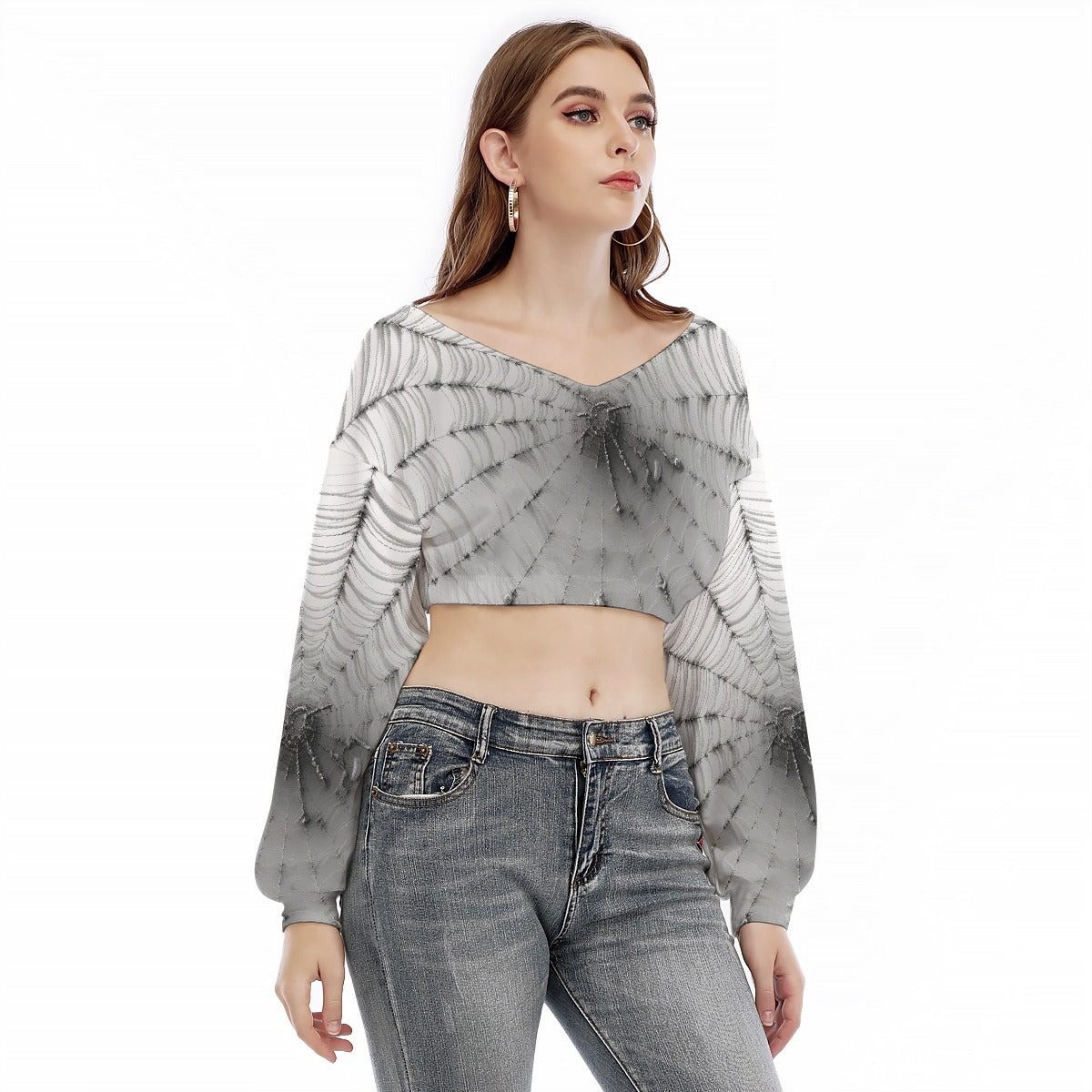 All-Over Print Women's V-neck Long Sleeve Cropped Sweatshirt