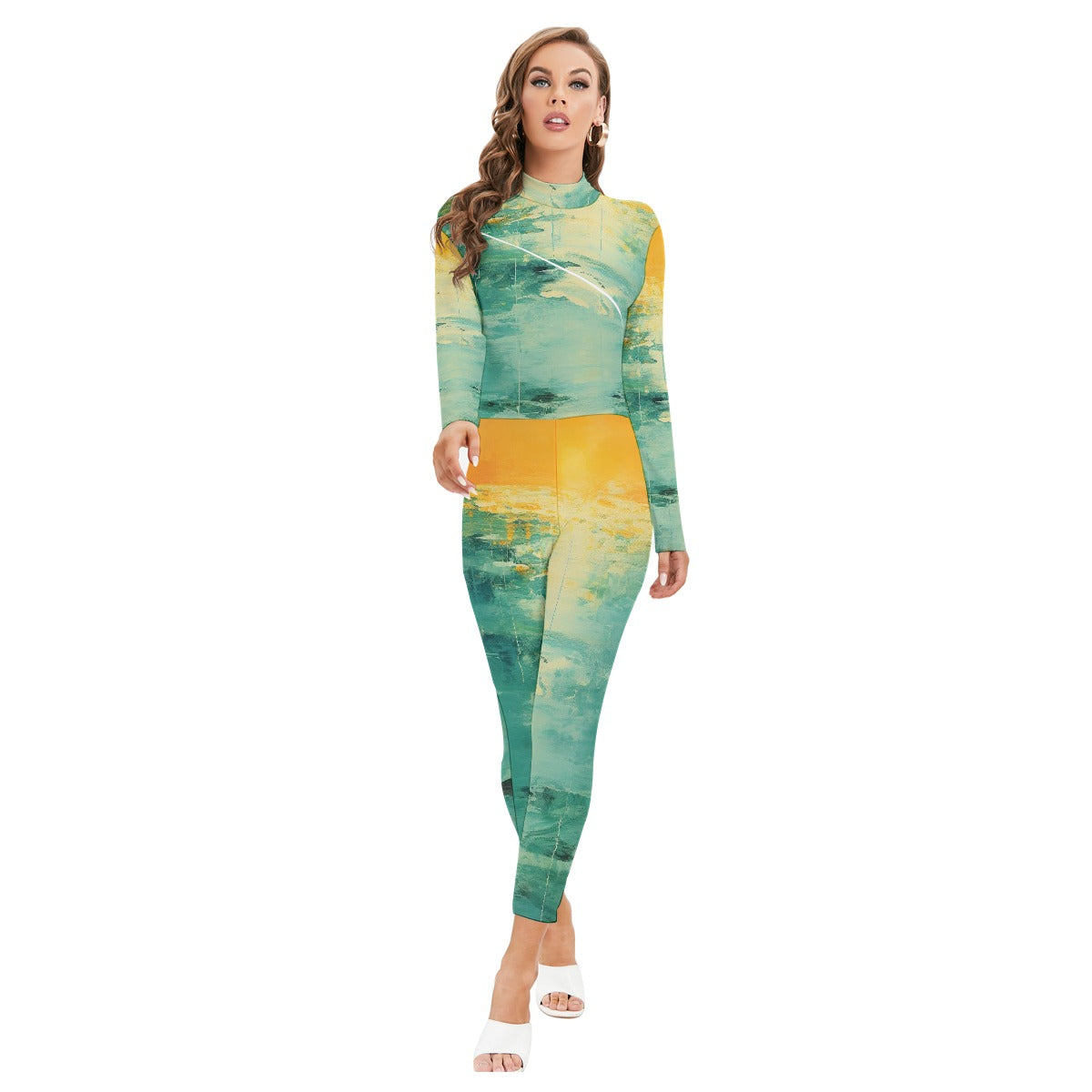 All-Over Print Women's Long-sleeved High-neck Jumpsuit With Zipper