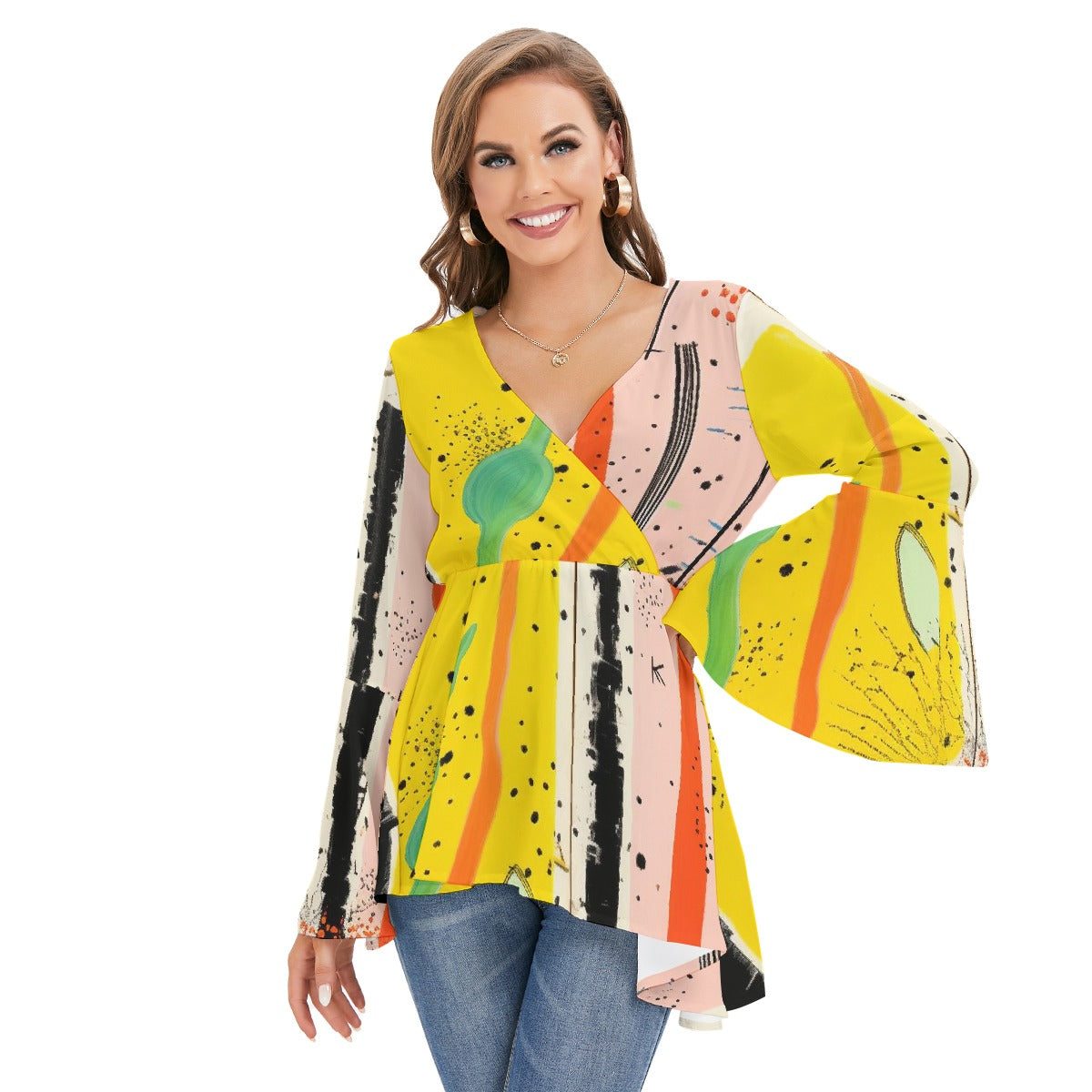 All-Over Print Women's V-neck Blouse With Flared Sleeves