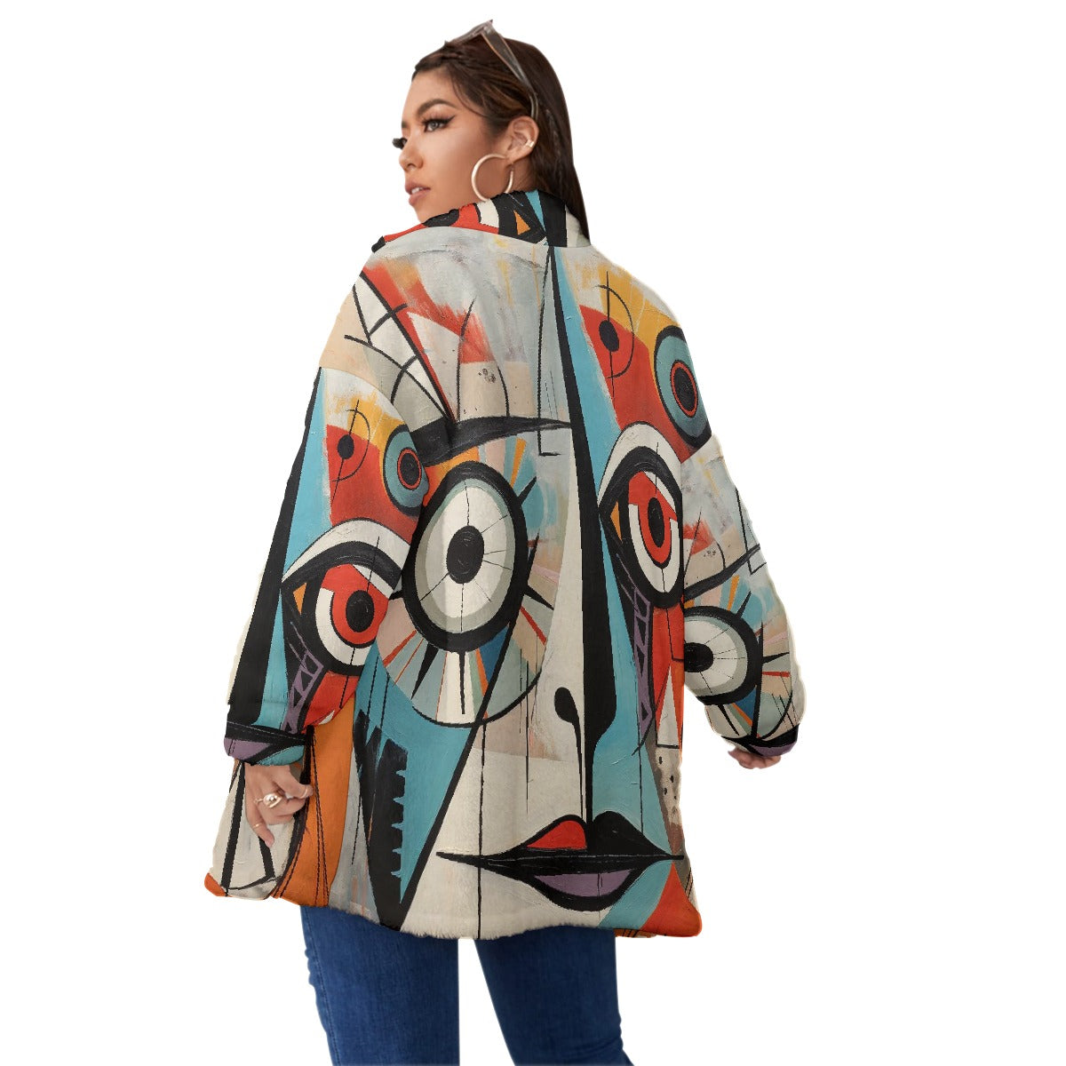 All-Over Print Unisex Borg Fleece Stand-up Collar Coat With Zipper Closure(Plus Size)