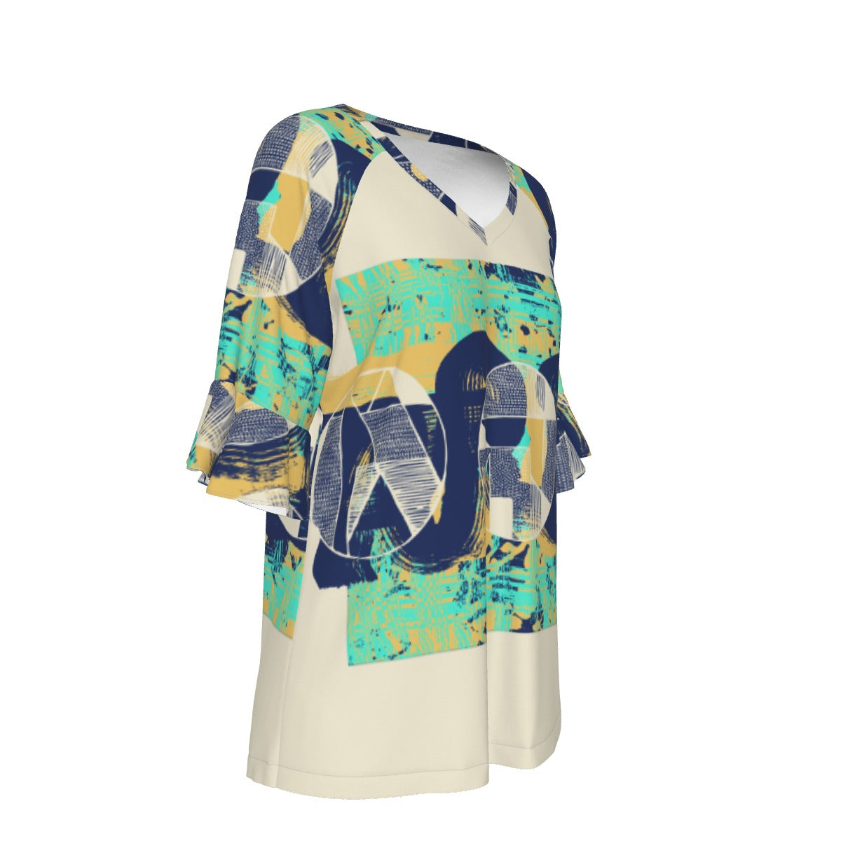 All-Over Print V-neck Women's T-shirt With Bell Sleeve