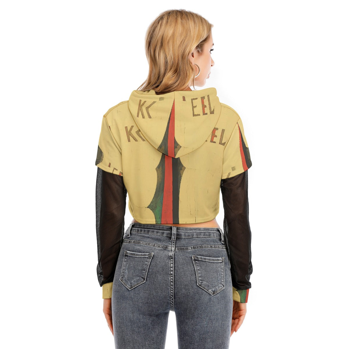 All-Over Print Women's Fake Two-piece Mesh Sleeve Cropped Hoodie
