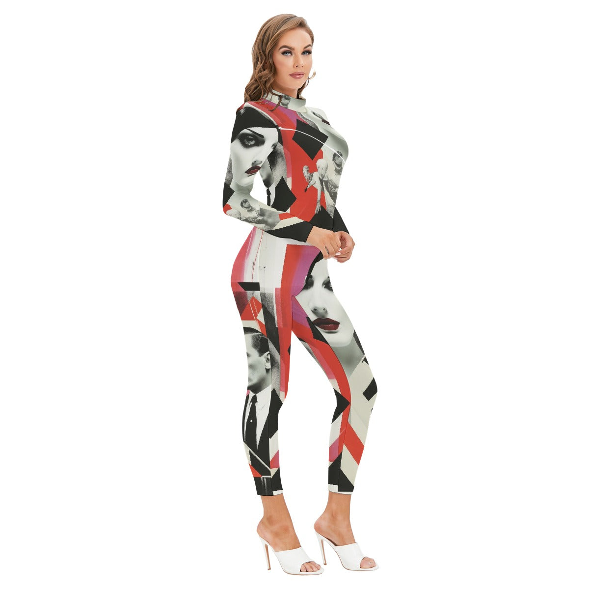 All-Over Print Women's Long-sleeved High-neck Jumpsuit With Zipper