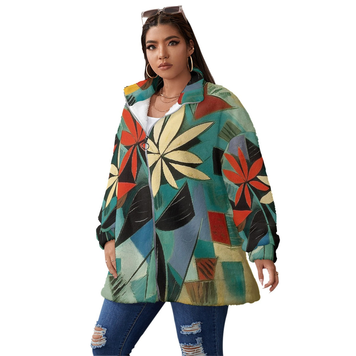 All-Over Print Unisex Borg Fleece Stand-up Collar Coat With Zipper Closure(Plus Size)