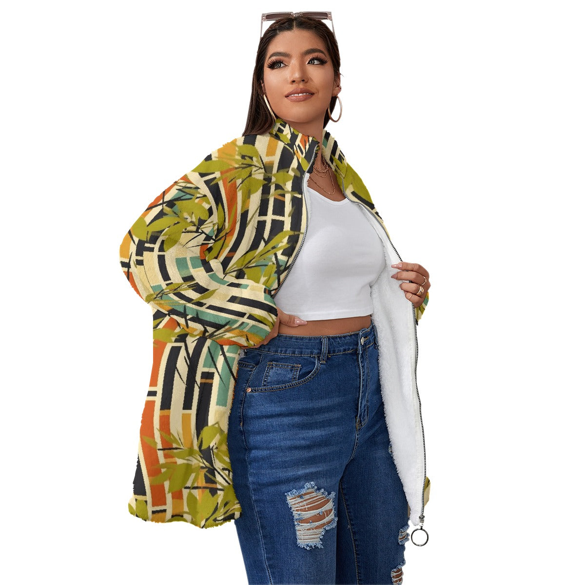 All-Over Print Unisex Borg Fleece Stand-up Collar Coat With Zipper Closure(Plus Size)