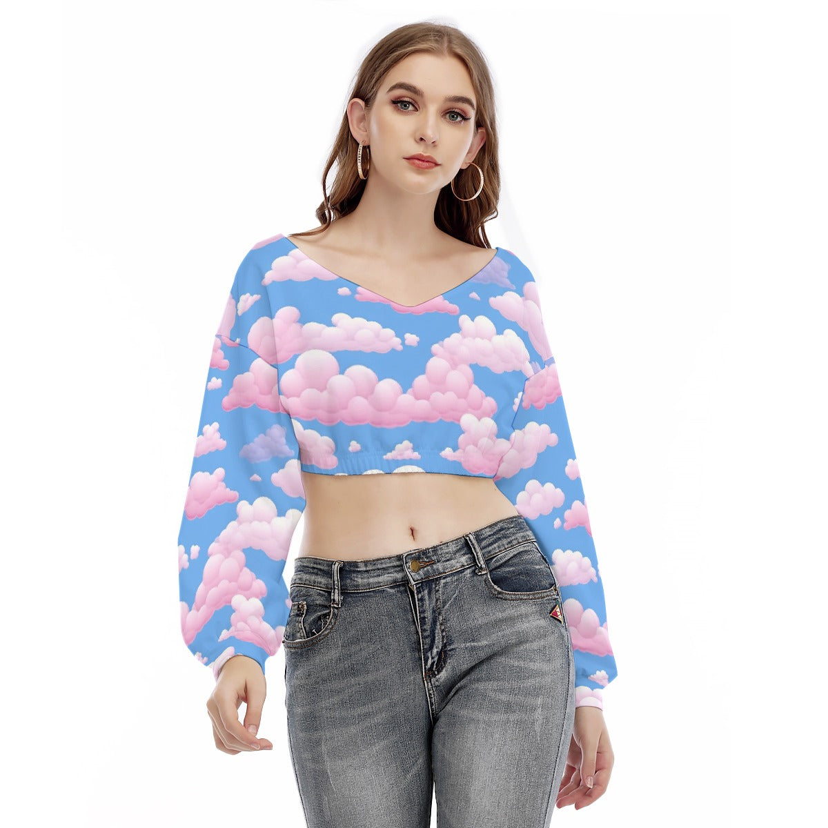 All-Over Print Women's V-neck Long Sleeve Cropped Sweatshirt