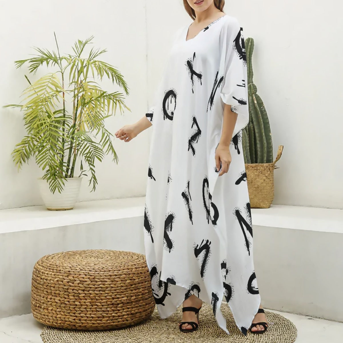 All-Over Print Women's Imitation Silk V-neck Kaftan Robe
