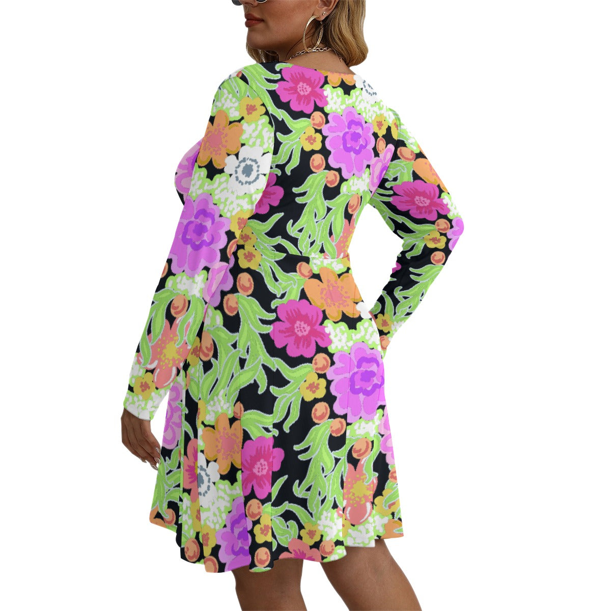 All-Over Print Women's V-neck Long Sleeve Dress(Plus Size)