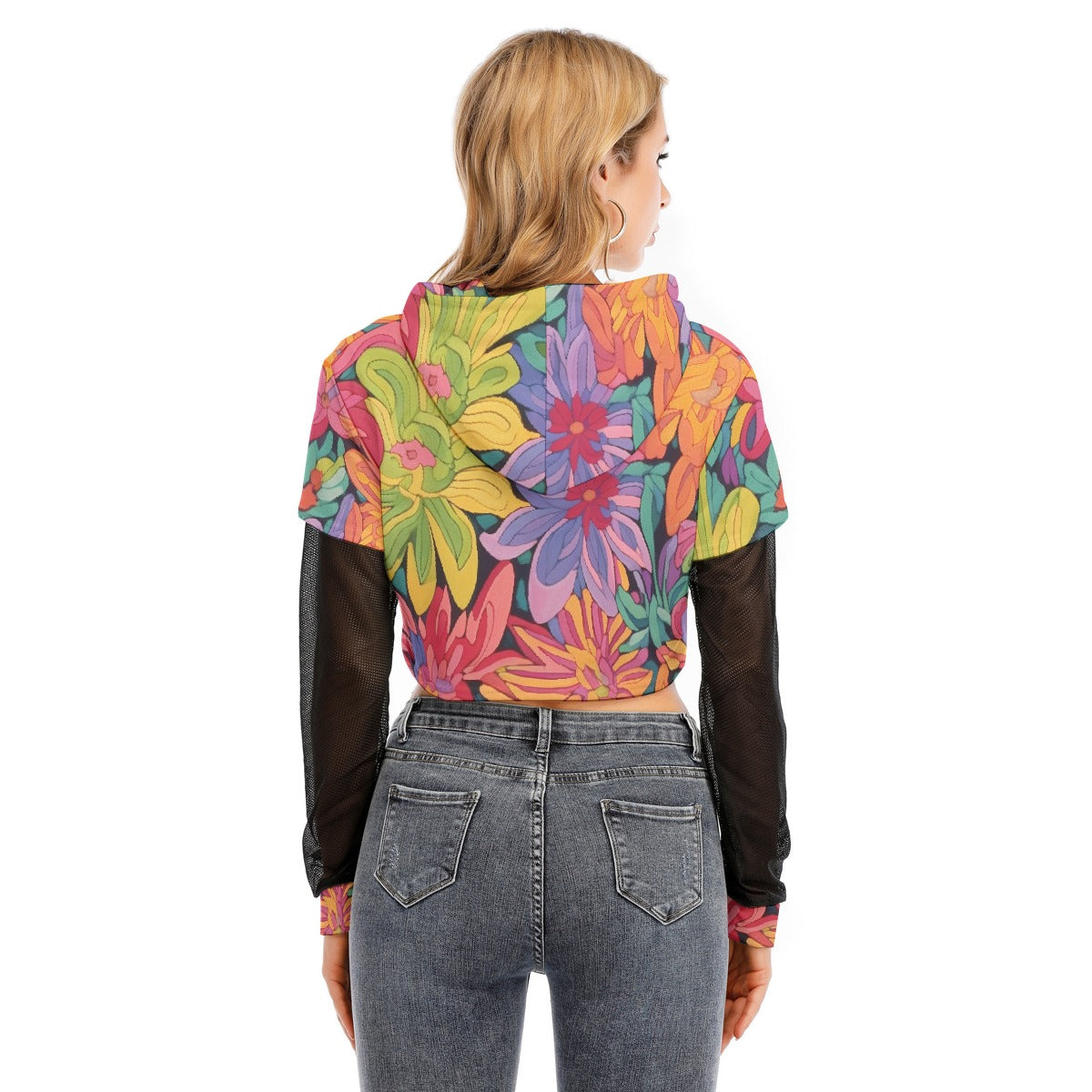 All-Over Print Women's Fake Two-piece Mesh Sleeve Cropped Hoodie