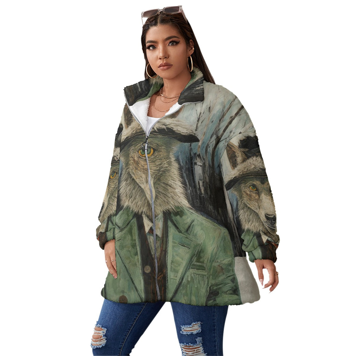 All-Over Print Unisex Borg Fleece Stand-up Collar Coat With Zipper Closure(Plus Size)