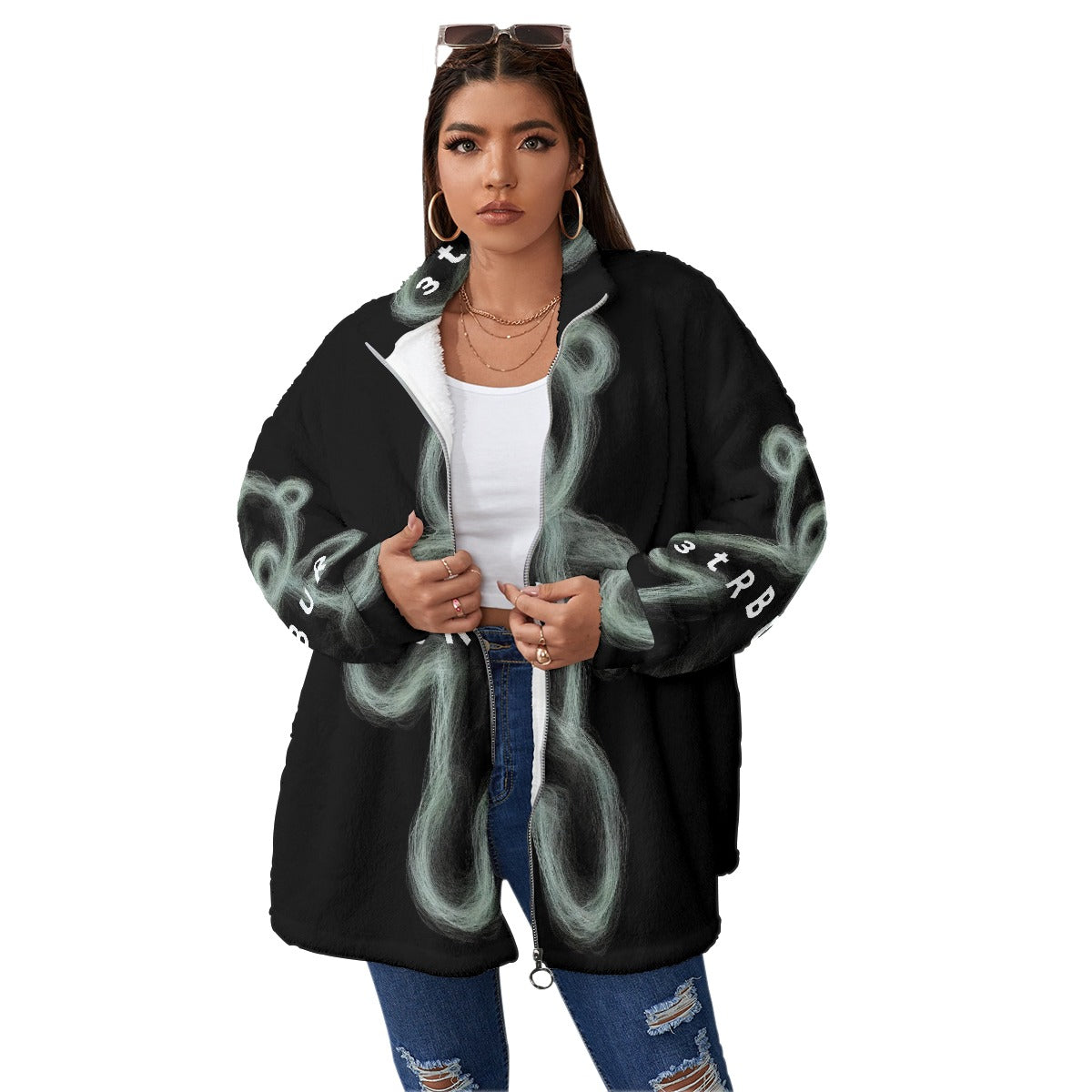 All-Over Print Unisex Borg Fleece Stand-up Collar Coat With Zipper Closure(Plus Size)