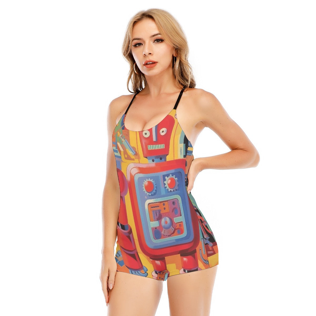 All-Over Print Women's Backless Romper With Black Straps