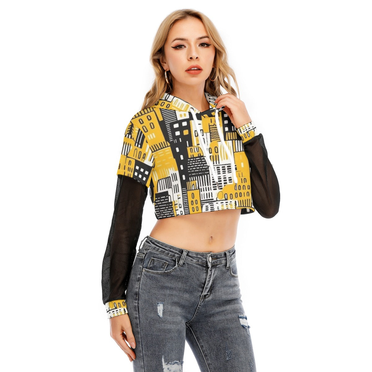 All-Over Print Women's Fake Two-piece Mesh Sleeve Cropped Hoodie
