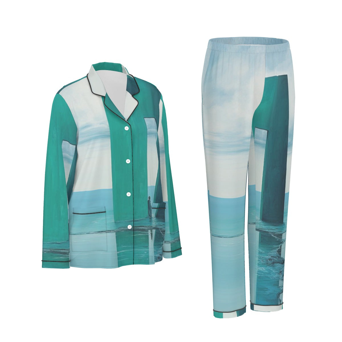 All-Over Print Women's Long Sleeve Pajama Set With Black Contrast Piping