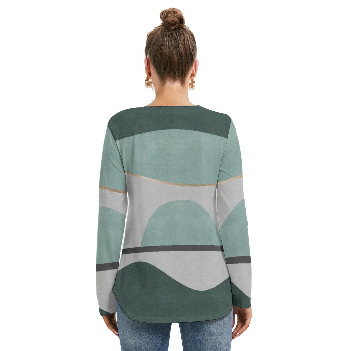 All-Over Print Women's Long Sleeve Neckline Tie Sweatshirt