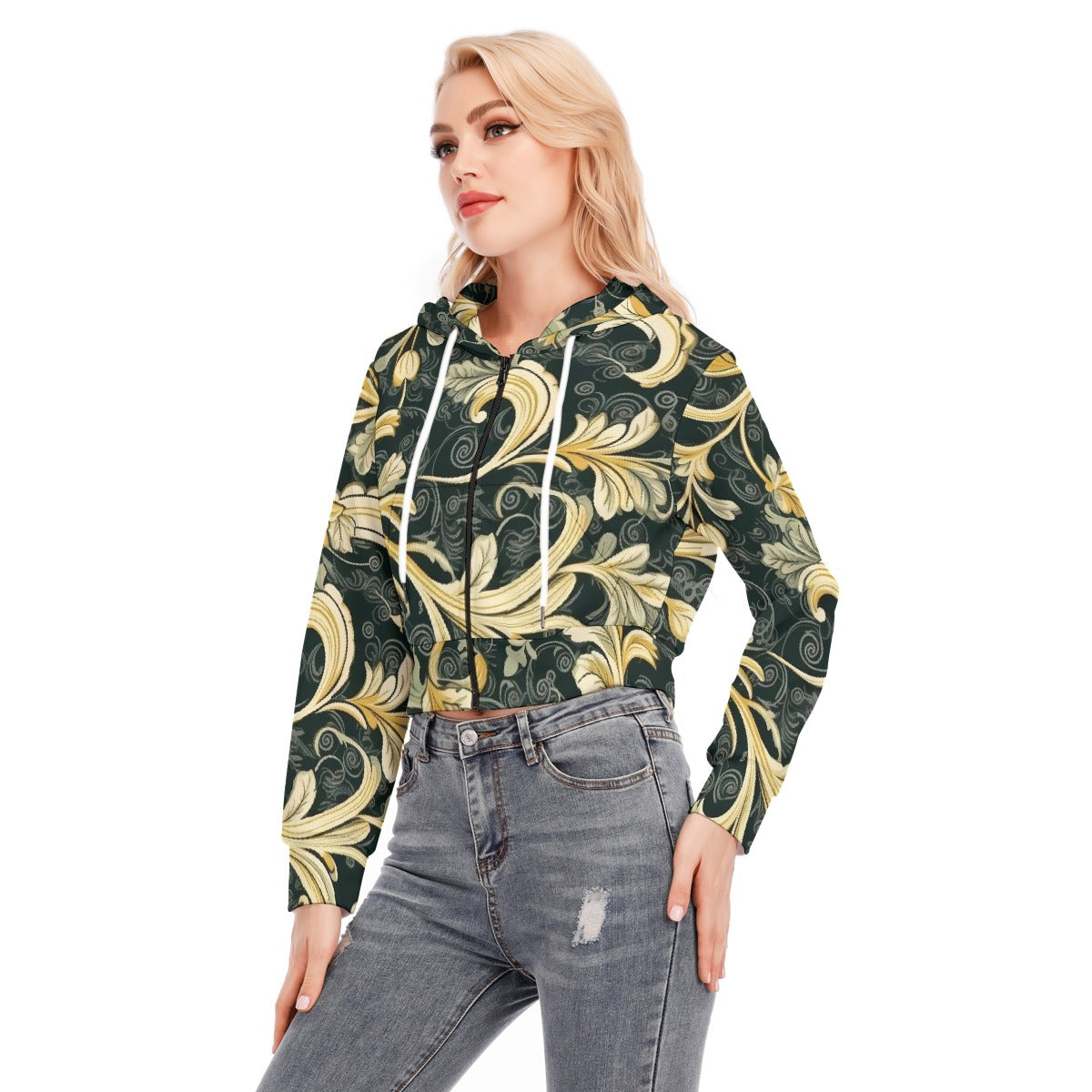 All-Over Print Women's Crop Top Hoodie With Zipper Closure