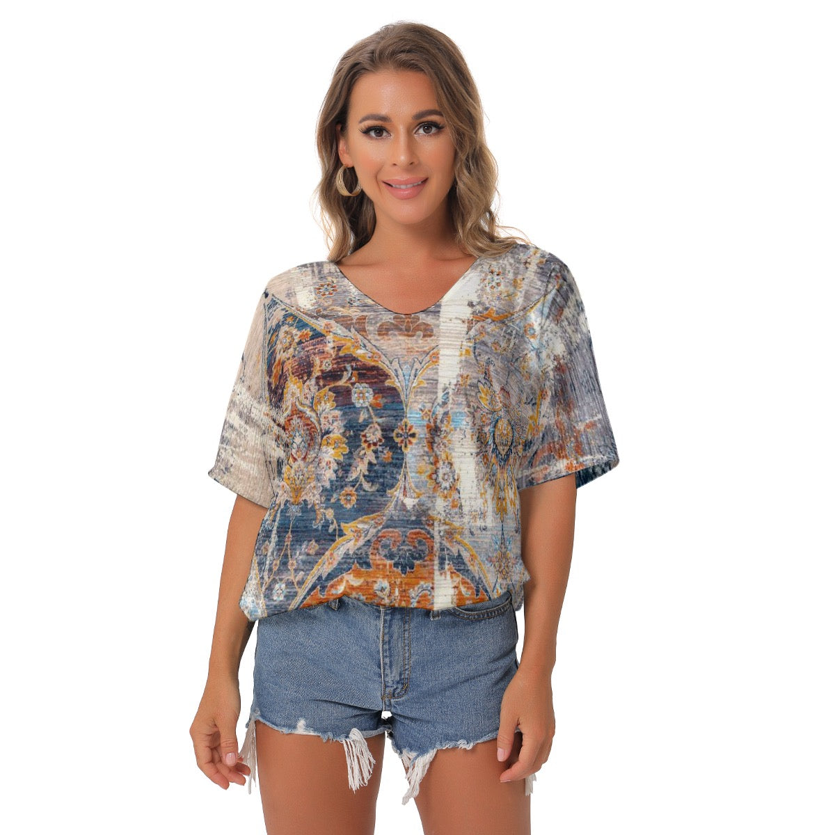All-Over Print Women's Bat Sleeves V-Neck Blouse