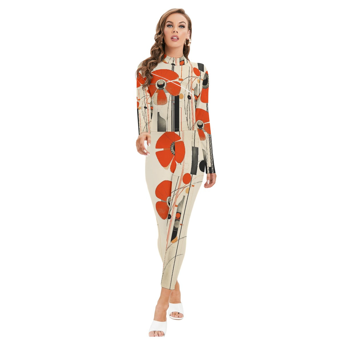 All-Over Print Women's Long-sleeved High-neck Jumpsuit With Zipper