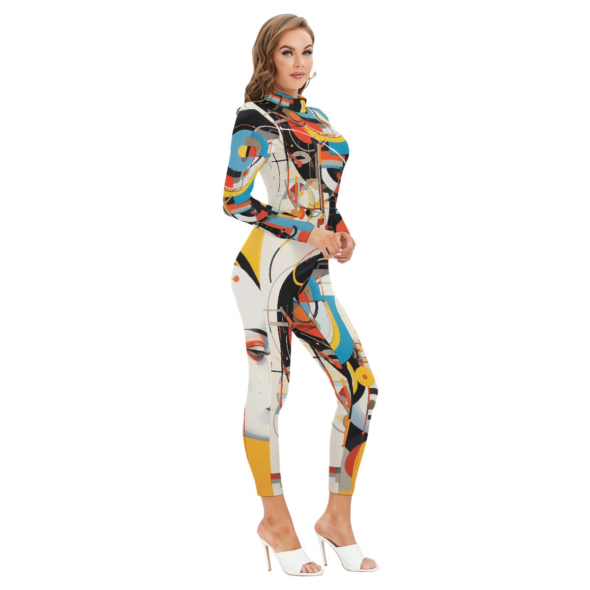 All-Over Print Women's Long-sleeved High-neck Jumpsuit With Zipper
