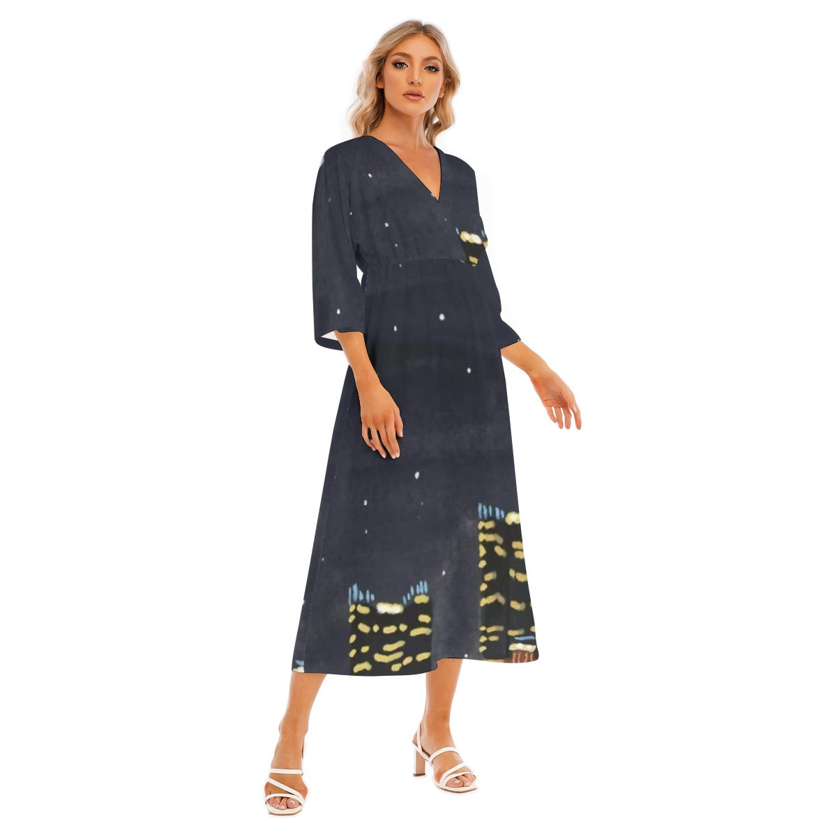 All-Over Print Women's Mid-Sleeve Long Dress