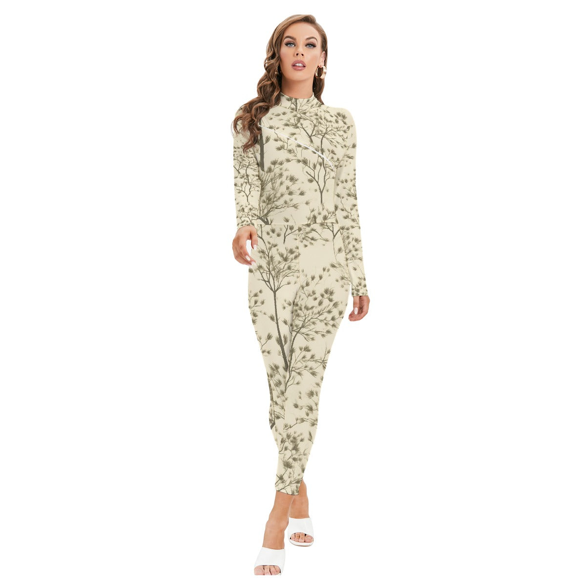 All-Over Print Women's Long-sleeved High-neck Jumpsuit With Zipper
