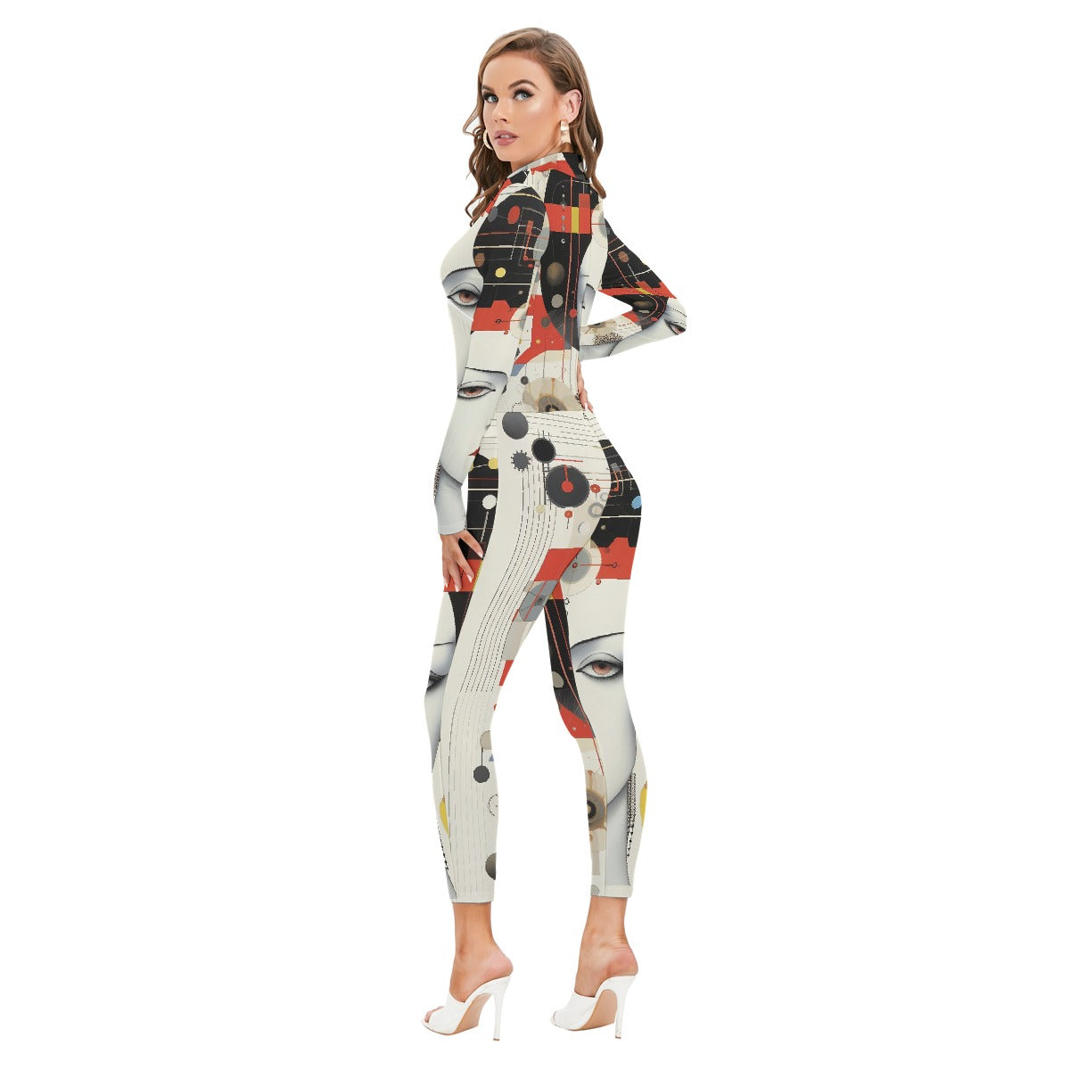 All-Over Print Women's Long-sleeved High-neck Jumpsuit With Zipper