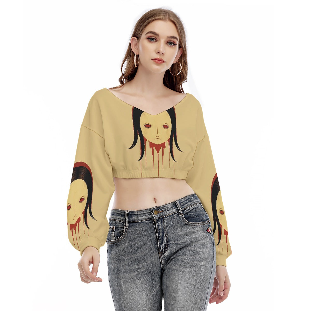 All-Over Print Women's V-neck Long Sleeve Cropped Sweatshirt
