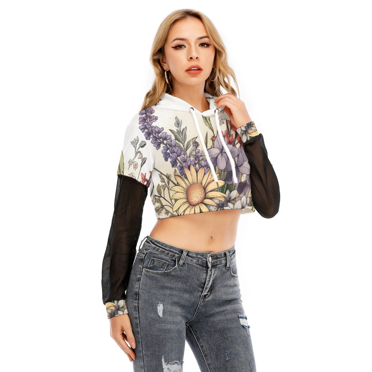 All-Over Print Women's Fake Two-piece Mesh Sleeve Cropped Hoodie