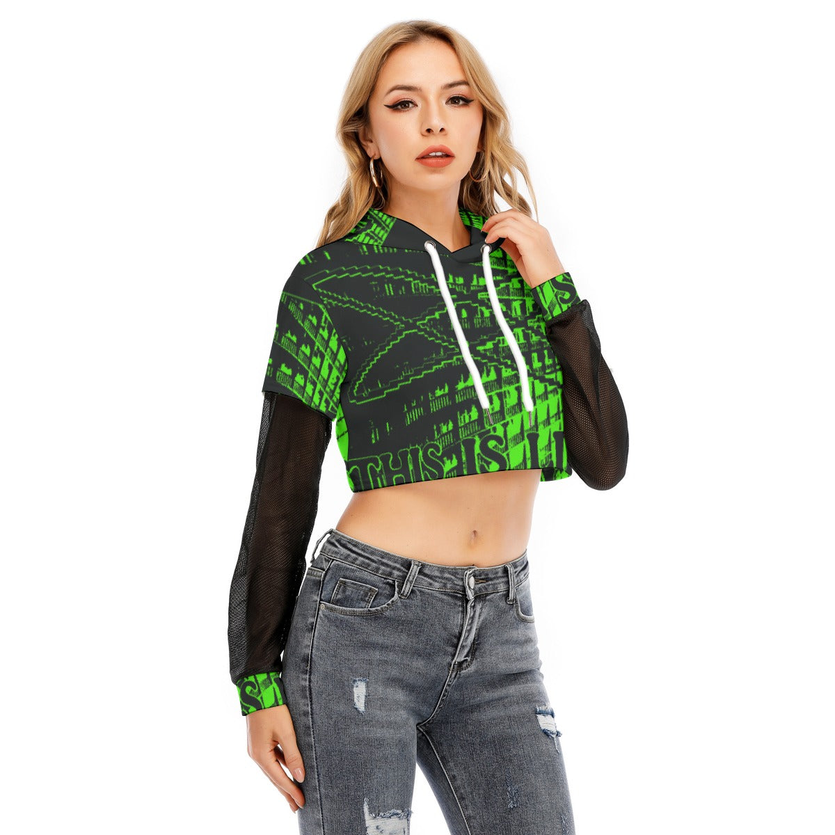 All-Over Print Women's Fake Two-piece Mesh Sleeve Cropped Hoodie