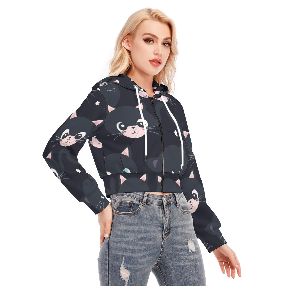 All-Over Print Women's Crop Top Hoodie With Zipper Closure