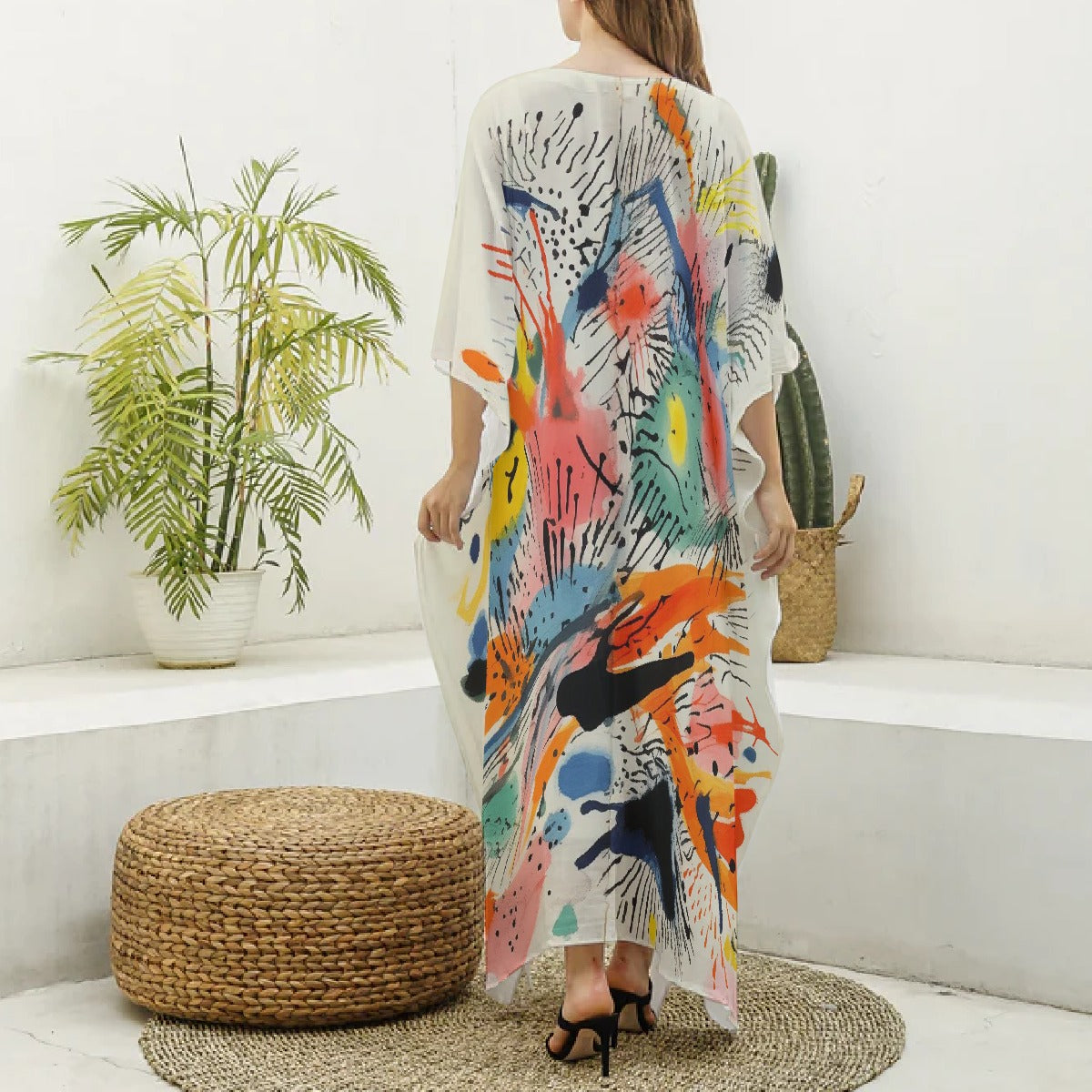 All-Over Print Women's Imitation Silk V-neck Kaftan Robe