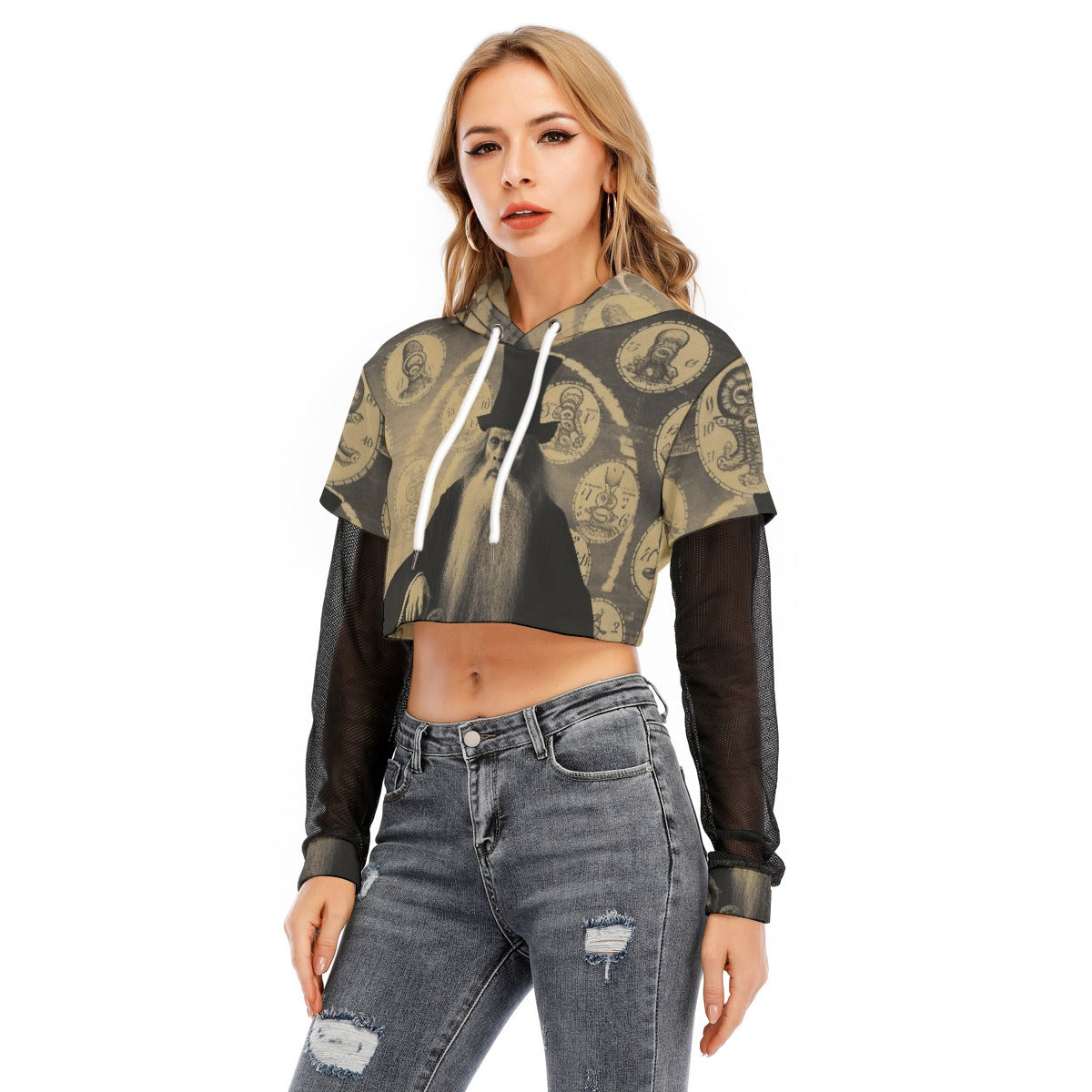 All-Over Print Women's Fake Two-piece Mesh Sleeve Cropped Hoodie