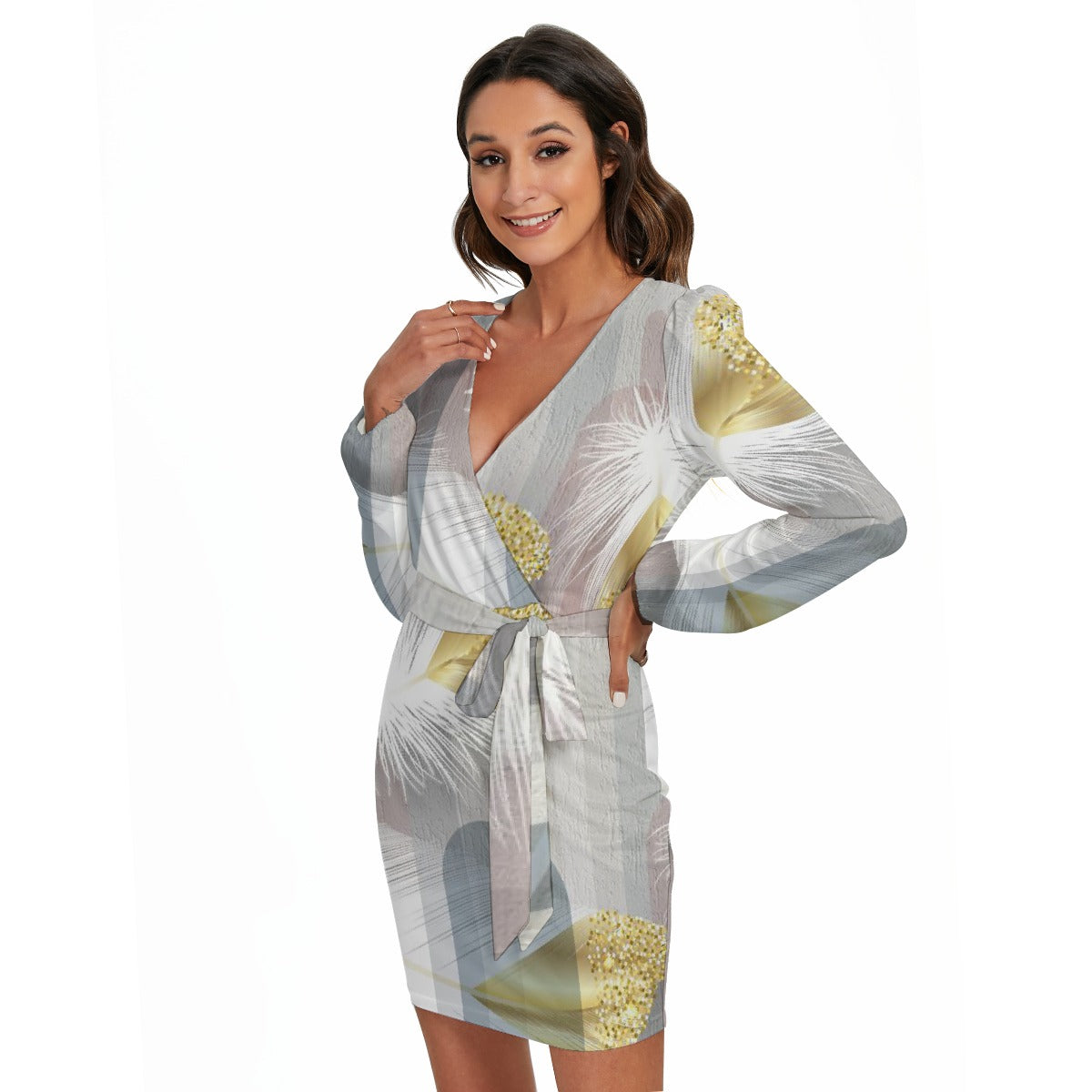 All-Over Print Women's Long Sleeve Dress With Waist Belt