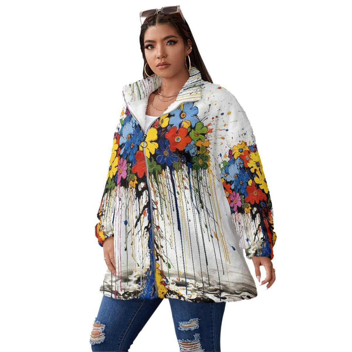 All-Over Print Unisex Borg Fleece Stand-up Collar Coat With Zipper Closure(Plus Size)