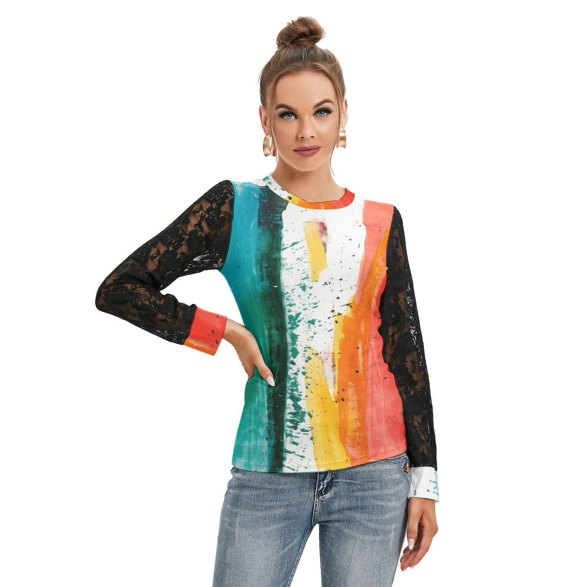 All-Over Print Women's T-shirt And Sleeve With Black Lace
