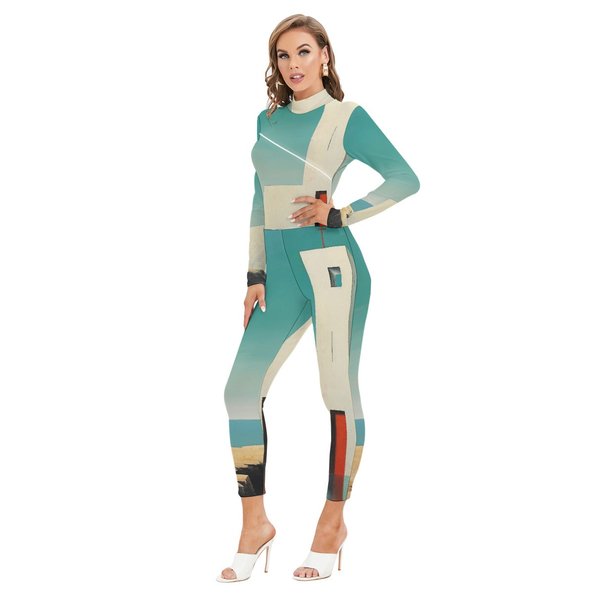 All-Over Print Women's Long-sleeved High-neck Jumpsuit With Zipper