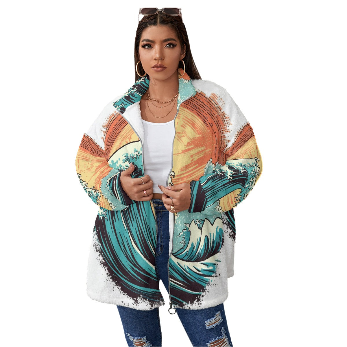 All-Over Print Unisex Borg Fleece Stand-up Collar Coat With Zipper Closure(Plus Size)