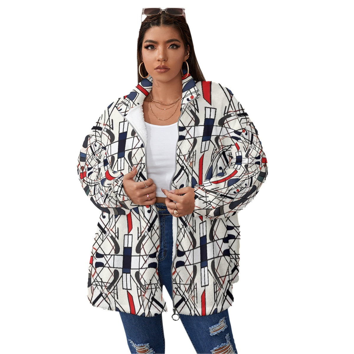 All-Over Print Unisex Borg Fleece Stand-up Collar Coat With Zipper Closure(Plus Size)