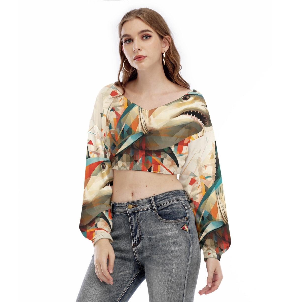 All-Over Print Women's V-neck Long Sleeve Cropped Sweatshirt