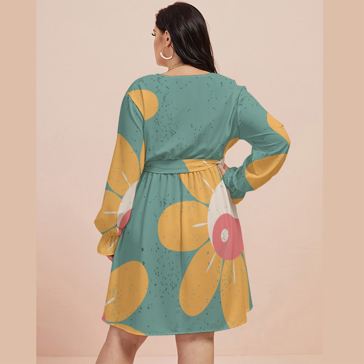 All-Over Print Women's V-neck Dress With Waistband(Plus Size)