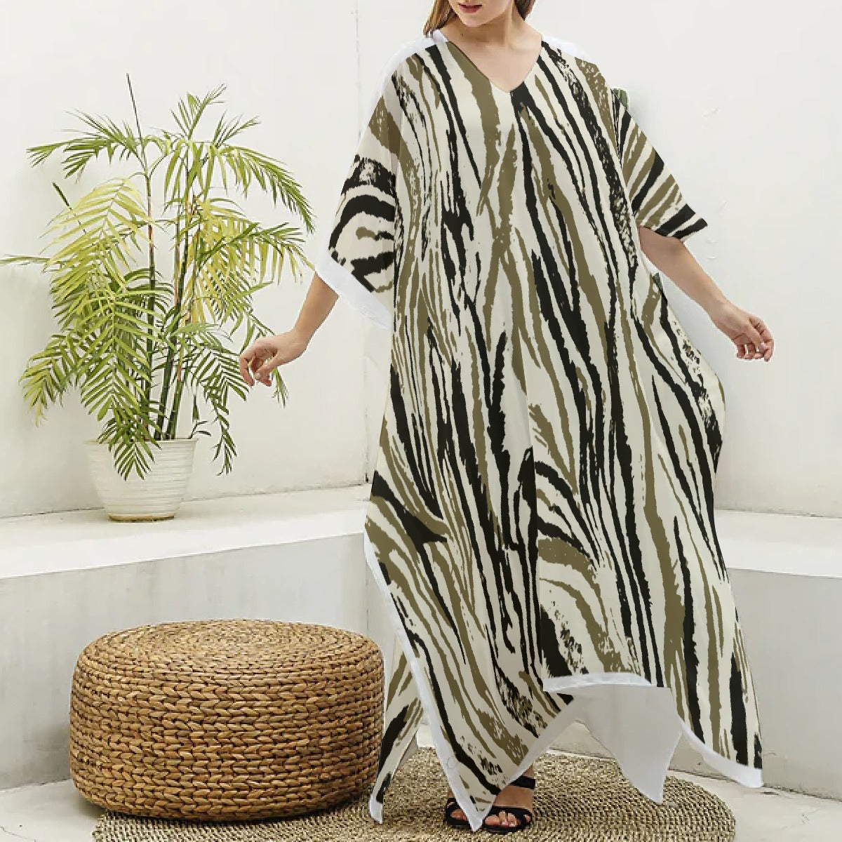 All-Over Print Women's Imitation Silk V-neck Kaftan Robe